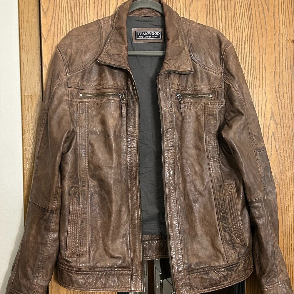 Teakwood Brown Leather Bomber Jacket Men’s Large Butter Soft Distressed Zip Up